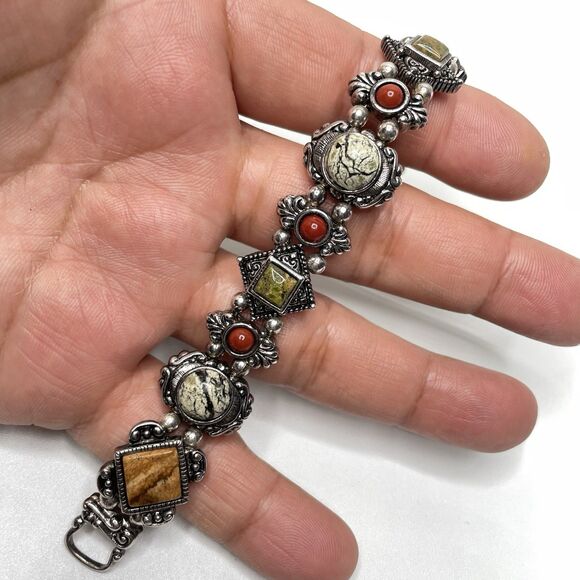 Vintage Retired Premier Design Jasper Epidote Cabochon Bezel Setting Bracelet - Picture 8 of 8